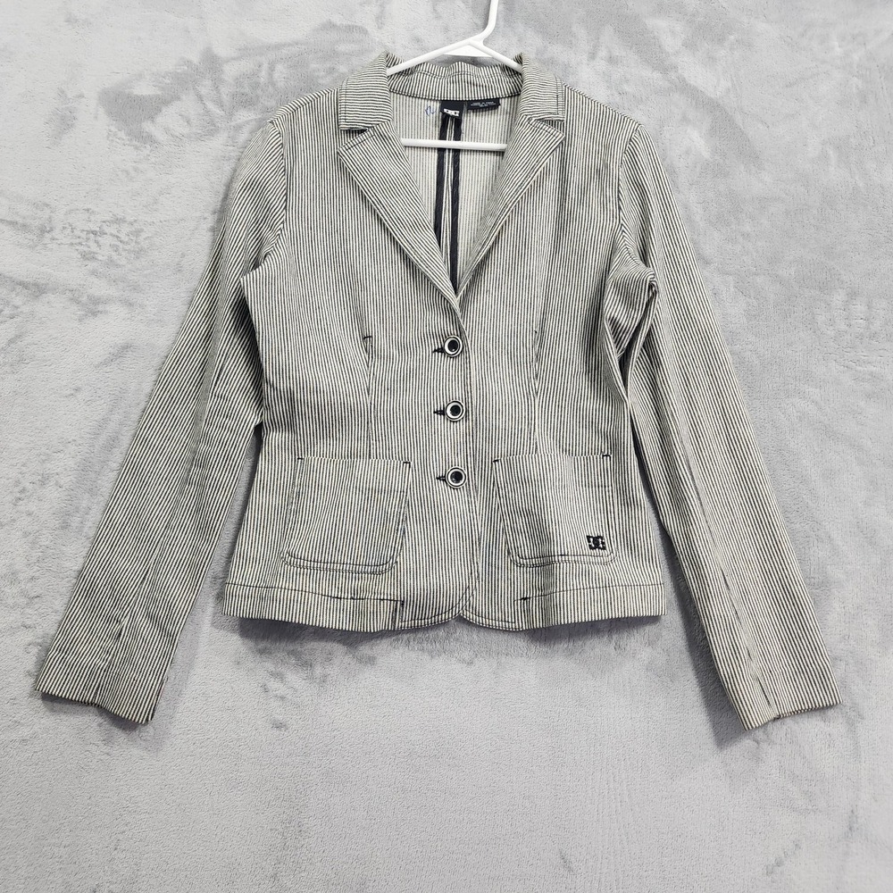 Vintage DC Blazer Womens M Black‎ White Striped Bow Jacket Fitted Skater Preppy
